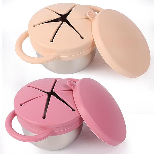 Solinfant 2 Pack Stainless Steel Spill Proof Snack Cup for Baby Toddlers Kids, with Silicone Food Catcher, Travel Lid, Spill-Proof Containers, Toddlers Essentials, Non Toxic BPA Free