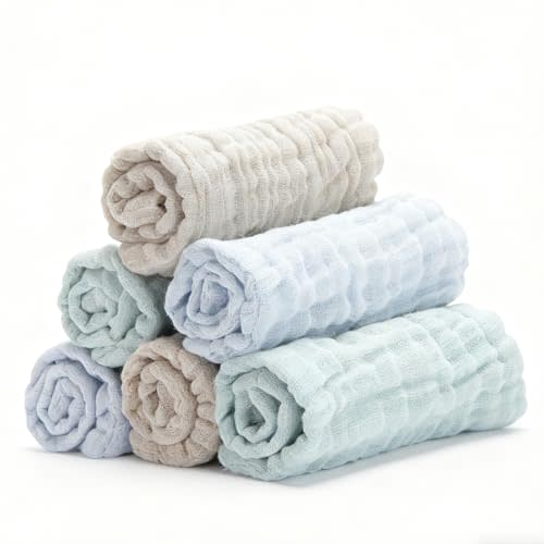 Bear Rocket Organic Muslin Baby Washcloths 6 Pack Baby Bath Face Towel 12x12 Inch Extra Absorbent and Soft Burp Cloth and Wash Cloths for Newborn-Infants On Sensitive Skin (Blue Green Brown)