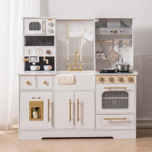 ROBUD Play Kitchen, Wooden Kids Kitchen Playset with Wash basin, Ice Maker, dishwasher, Cookware Accessories, Microwave Toy Kitchen Gift for Boys Girls Age 3-12,White