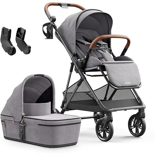 MAMAZING Air Lux Baby Stroller with Bassinet & Infant Car Seat Adapter, Lightweight Compact Carbon Fiber Frame, One-Hand Fold, Reversible Seat, Space-Saving Storage