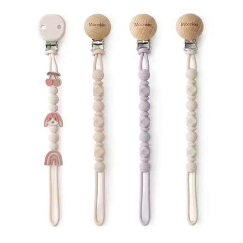 Moonkie Silicone Pacifier Clips for Baby – Durable One-Piece Binky Holder, Mixed Styles Paci Clips, Baby Essentials for Newborn Boys & Girls - 4 Pack (Bunny Bloom)
