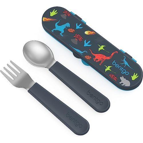 Bentgo Kids Stainless Steel Utensil Set - Reusable Fork, Spoon & Storage Case, PFAS- & BPA-Free, Easy-Grip Handles, Lightweight, Dishwasher Safe, School Lunch, Travel & Outdoors (Dinosaur)