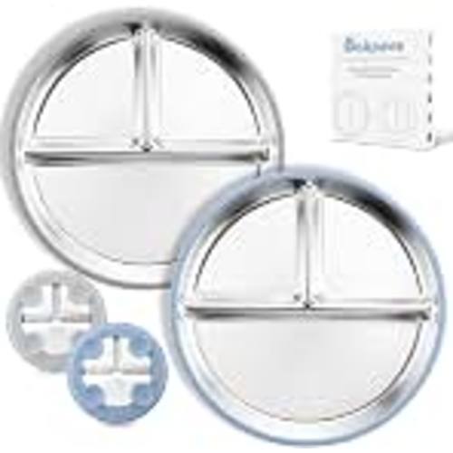 Bakpoco Stainless Steel Toddler Plate with Suction, 9” Divided Plates with Removable Silicone Sleeves for Kids, Non Toxic & BPA Free | Non Slip | Unbreakable Baby Snack Dishes Set of 2, Blue & Gray