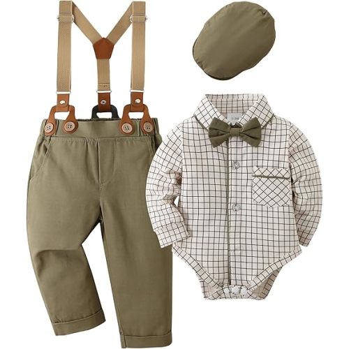 CARETOO Baby Boy Clothes Suit Infant Gentleman Boy Outfits Dress Shirt/Bowtie/Suspender Pants Set 0-18 Months