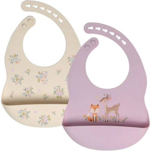 Little Rawr Baby Silicone Bibs 2 Sets Baby Bibs with Food Catcher for Girls Boys Toddlers BPA Free Adjustable Neck Band Waterproof Soft Durable (Beige-Green)