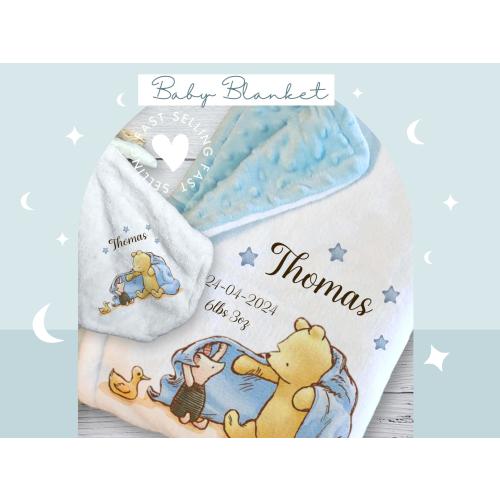 Personalized Pooh Bear Baby Blue Pink Blanket: Custom Birth Details Nappy caddy Romper Set