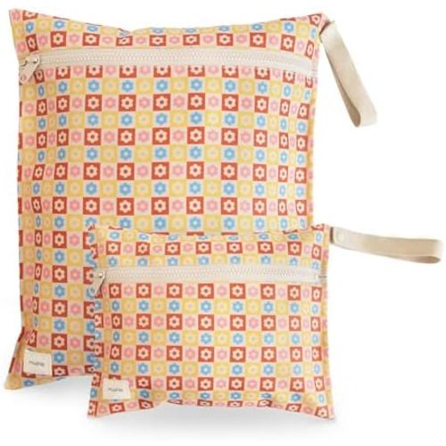 mushie Water Resistant Wet Bags | Large & Small Reusable Storage Bag for Baby Items and Travel | Zippered Pockets with Handle | Machine Washable, Set of 2 (Happy Flowers Check)