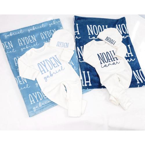 Newborn Outfit Blanket, Custom Baby Boy  Blanket with Name, Embroidered Baby Gift, Baby Shower Keepsake, Coming Home Set