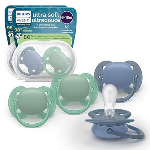 Philips Avent Ultra Soft Pacifiers - Orthodontic Design, for Babies 6-18 Months, Flexible Shield, Silicone Symmetrical Nipple, BPA-Free, 2 Sterilizing Cases, 4 Pack, SCF091/51