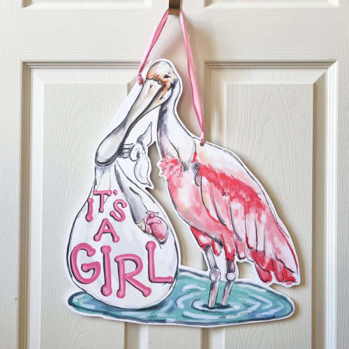 It's A Girl Spoonbill Door Hanger