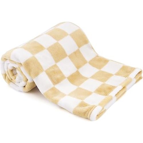 Plush Checkered Baby Blanket for Boys Girls Nursery, 30"*40" Warm Short Fleece Blanket Neutral for Infant Newborn, Small Fuzzy for Sleeping, Chenille or Stroller (Sand Yellow&White)