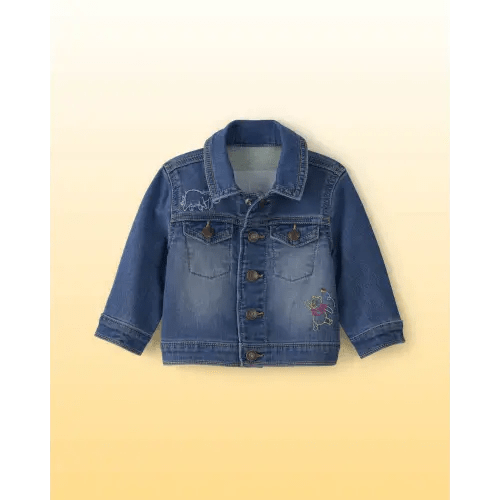 Baby Disney© Winnie the Pooh Embroidered Knit-Like Denim Jacket with Back Art - Dark Wash