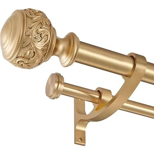 Double Curtain Rod, 1 inch Window Telescoping Drapery Double Rod 36 to 72 Inches (3-6 Feet), Classical Ball Finials,Premium Aluminum Brackets,Warm Gold