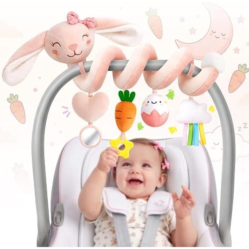 Stuffed Pink Bunny Spiral Car Seat Toys for Babies 0-6 Months, Infant Stroller Toy with Plush Carrot & Star Teether Hanging, Baby Registry Search & Shower Gifts for Newborn Girls