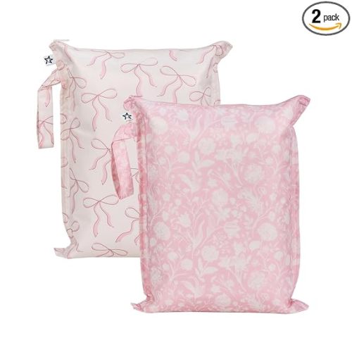 Tiny Twinkle Mess Proof Wet Bags | 2-Pack Reusable Waterproof Wet Bags for Swimsuits | Baby Clothes | Travel & Diaper Bag (Bows,Toile)