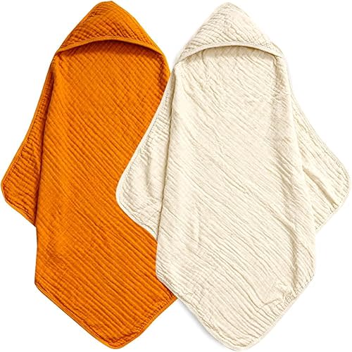 david's kids 2 Pack Hooded Baby Towels, 100% Muslin Cotton 6-Layer Ultra Soft Breathable Absorbent Baby Bath Towels for Infant and Toddler, Newborn Essentials, Large 32x32Inch, Beige & Ginger