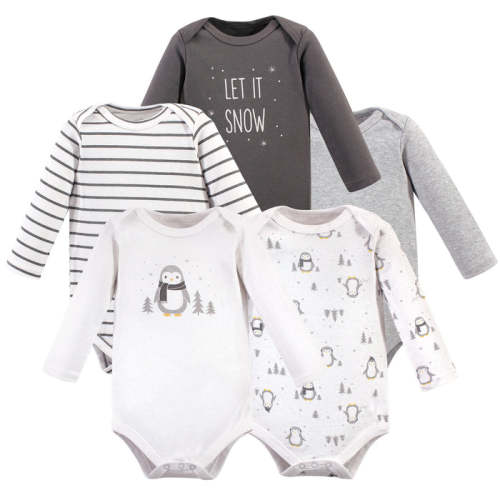 Hudson Baby 5-Pack Cotton Long-Sleeve Bodysuits, Gray Penguin — buybuy BABY
