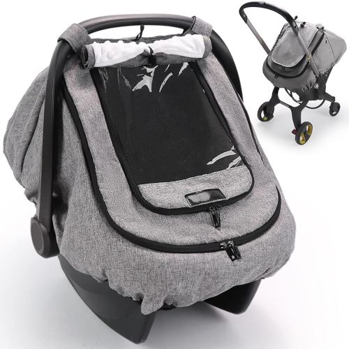 Waterproof Car Seat Cover for Baby, 2-Layer Car Seat Rain Cover with Clear Window & Sunshade & Mesh Cover, Universal Infant Carseat Canopy for Stroller, Protect from Rain and Snow - Gray