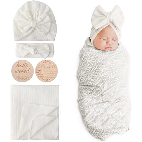 BQUBO Baby Swaddle Blankets for Girls, 4PCS Newborn Accessories Set with Hat and Bow Headband with Hello World Wooden Birth Announcement Card, Baby Blankets for Girls (White)