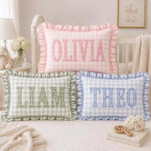 Personalized Name Gingham Ruffle Pillow Cover, Custom Embroidered Nursery Pillowcase, Kids Room Accent Cushion, Baby Shower Gift