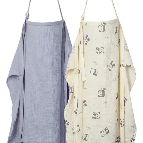 2-Pack Muslin Nursing Covers for Breastfeeding - Breathable Breastfeeding Covers with Arch Neckline, Privacy Nursing Cover for Women and Baby, Gray & Panda