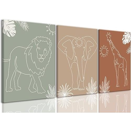 Wodkwq Nursery Wall Art Safari Animal Canvas Prints Boy Baby Room Decor Poster Toddler Room Decoration Minimalist Boho Jungle Painting Pictures Set of 3 for Kids Bedroom Bathroom 16x24in Framed