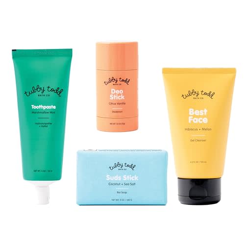 TUBBY TODD Kids Sensitive Skincare Routine - The Kickstart Bundle - Gentle Bar Soap 5 Oz, Face Wash 4.2 Oz, Deodorant 1.8 Oz, Kids Toothpaste with Hydroxyapetite 4 Oz - Scented