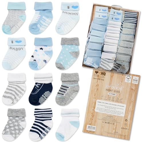 infancie Baby Socks Newborn Socks 12 Pairs - (6-12 Months) – Soft And Comfortable Babies Grip Sock, Premium Newborn Baby Sock, Gift For Little Boys