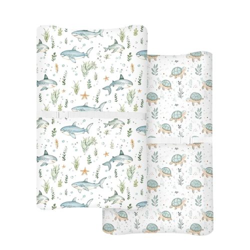 Changing Pad Cover for Baby Boys Girls 2 Pack, Fits Standard 32”×16” Changing Table Pads, Silky Breathable Stretch Knit, Machine Washable (Turtle & Shark)