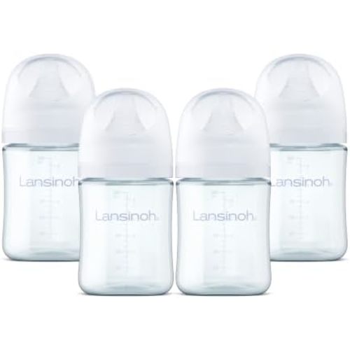 Lansinoh Glass Baby Bottles, Anti-Colic, White, 5oz, 4 Count, with Slow Flow Nipples (Size S, 1-3 Months), Baby Feeding Essentials