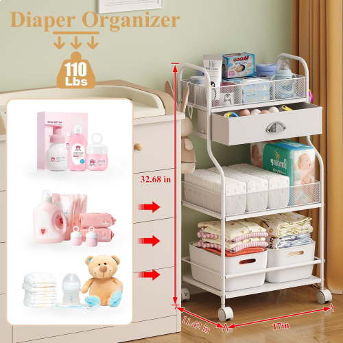 Baby Diaper Caddy Cart Organizer - 3 Tier, Bedside Nursery Essentials Organizer & Storage Holder for Newborn Baby Stuff, 2+1 Dividers, 1 Drawer, Rolling Utility Cart for Bedroom, Changing Table, Crib