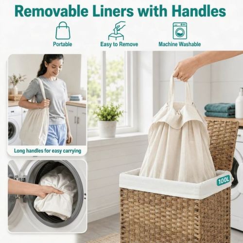 23.8 Gal (90L) Laundry Hamper Laundry Basket with Lid and Handles Wicker hamper Natural