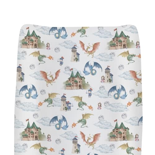 Fairytale Dragon and Knights Baby Changing Pad Covers for Boys Girls Fantasy Dragons Princess Castle Fitted Changing Table Cover Mats Moon Clouds Soft Diaper Change Table Sheets 32''×16''