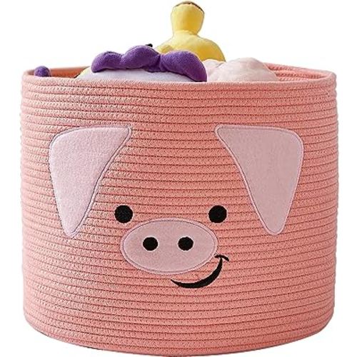 Animal Baskets Cotton Rope Storage Basket Woven Toy Basket Large Basket for Blankets Cute Pig Basket with Handles Foldable Animal Laundry Basket Nursery Basket Organizer, 15"D x 12.6"H, (Pink)
