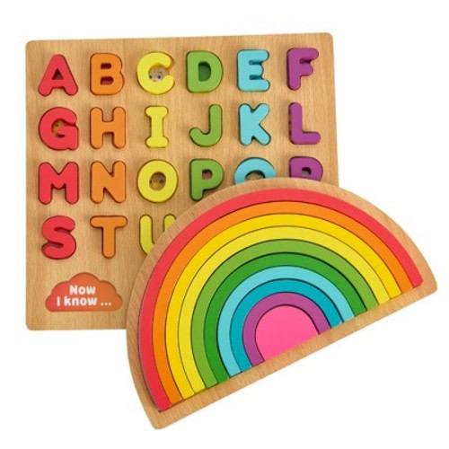 Chuckle & Roar Rainbow & ABC Wooden Puzzle Set - Kids Learning Puzzles Ages 3+