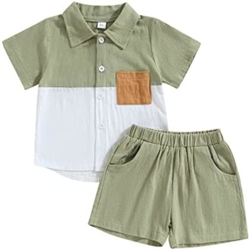 fhutpw Toddler Boy Patchwork Summer Outfits Short Sleeve Button Down Shirt Tops & Casual Shorts Sets Baby 2T 3T 4T 5T Clothes