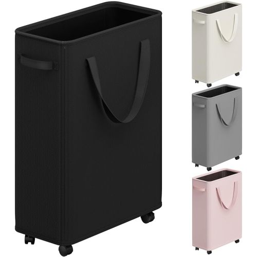 Optish Slim Laundry Basket with Wheels, Black Rolling Hamper for Clothes