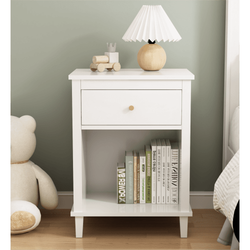 Wooden Nightstand with One Drawer One Shelf,Modern Bedside Tables for Kids,Adults,White
