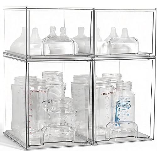 Baby Bottle Organizer, 4 Pack Clear Space-Saving Stackable Drawer with Handle, Baby Bottle Storage Organizer for Countertop and Cabinet