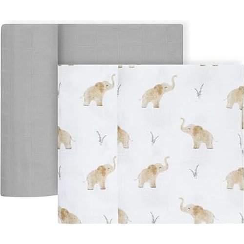 Featherhead™ 100% Cotton Muslin Swaddle Blankets for Baby Girl - Large 47”x 47” - Pre-Washed, Soft, & Breathable - Newborn Essential & Perfect Baby Registry Gift (2 Pack - Elephant)