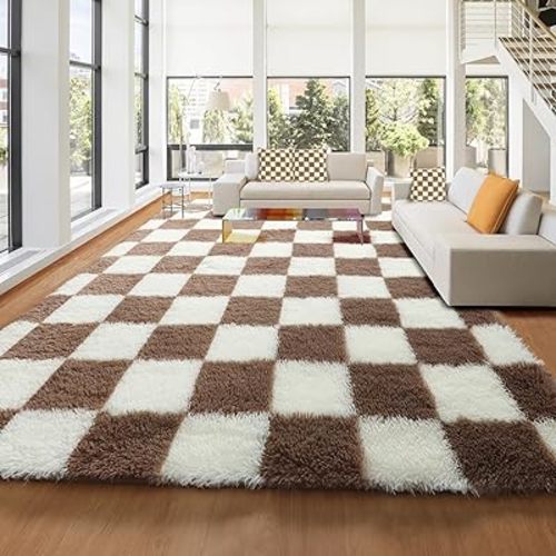 KICMOR Rugs for Living Room 8x10, Large Fluffy Fuzzy Brown and Cream White Checkered Shag Area Rug Shaggy Big Carpets for Bedroom, Soft Plush Floor Rugs for Kids Boys Girls Room Nursery Home Decor