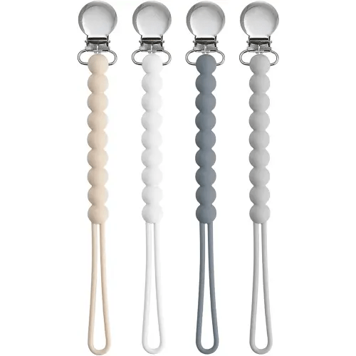 Pacifier Clip for Boys Girls - MORIBOX 4 Pack Paci Clip Soothie Baby Binky Holder for Shower Gift Birthday (Beige+White+Dgrey+Lgrey)