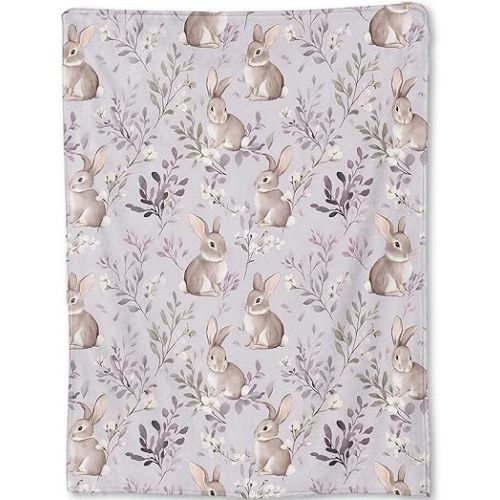 Cute Bunny Blanket - Adorable Rabbit Pastel Lavender Floral Fleece Throw,Gifts for Kids Girls, Soft & Warm,Lightweight, for Modern Rustic Decor, Animal Lovers, and Room Home Accents 50x60in