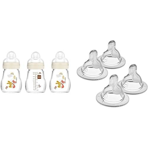 Mam Feel Good Glass Bottles, 5oz, 0+ Months, 3 Pack - Mixed Flow Nipples: Level 1 Slow, Level 2 Medium (4 Pack)