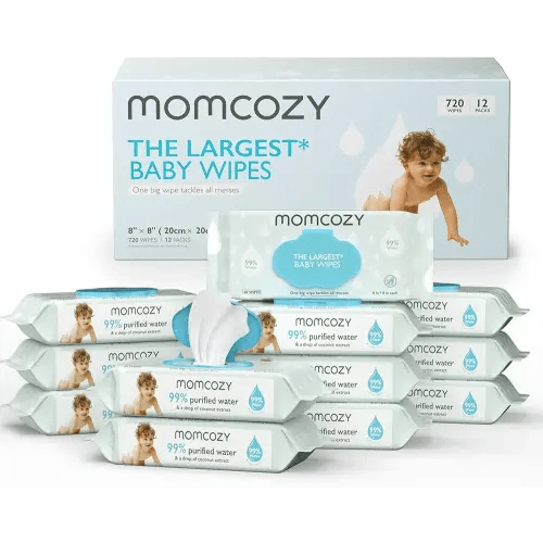Momcozy Water Baby Wipes-Extra Large Size Design, 99% Water Based Wipes, Unscented & Hypoallergenic, Cleansing & Moisturizing Baby Wipes for Sensitive Skin, 12 Flip-Top Packs (720 Wipes Total)