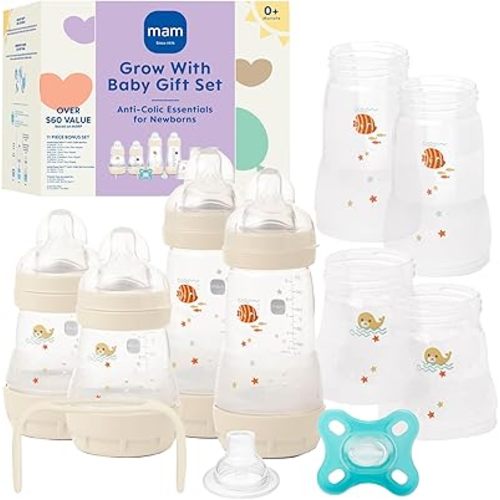 MAM Grow With Baby Anti-Colic Bottle Set – 4 Easy Start Bottles (5oz & 9oz) with Trainer Handles & Spout, Comfort Newborn Pacifier, Extra Bottle Bodies & Nipples | Self-Sterilizing Baby Feeding System