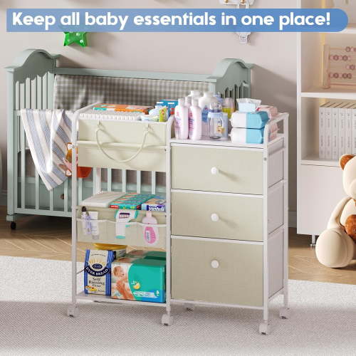 X-COSRACK 2-in-1 Baby Diaper Caddy Organizer, 3-Tier Heavy Duty Rolling Nursery Cart with Removable Basket & Drawers, Mobile Utility Storage Cart for Changing Table, Crib & Bedroom