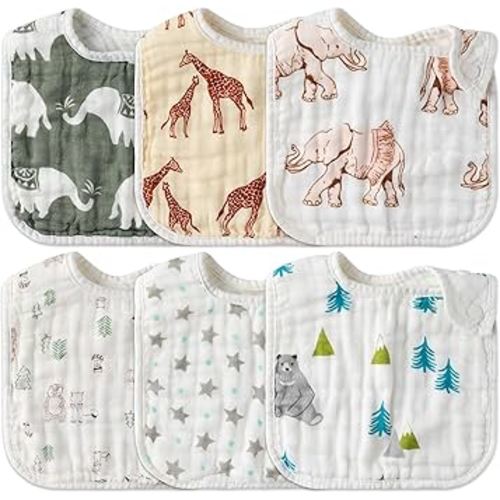 Zainpe 6Pcs Snap Muslin Cotton Baby Bibs Bear Fox Infants Drooling Bib Soft Absorbent Adjustable Burp Cloth Machine Washable Feeding Cloths for Newborn Girl Boy Toddler Teething Eating 0 to 36 Months