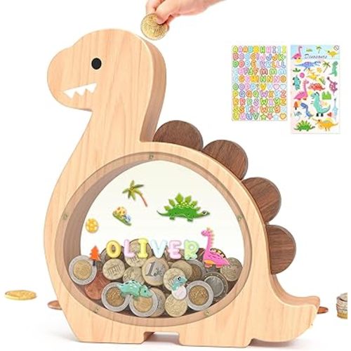 Summidate Wooden Dinosaur Piggy Bank for Kids Boys, Cute Wood Dino Money Bank for Toddlers, Creative Saving Coin Jar, Personalized Present for Child Birthday & Decor (Brachiosaurus, Standard)