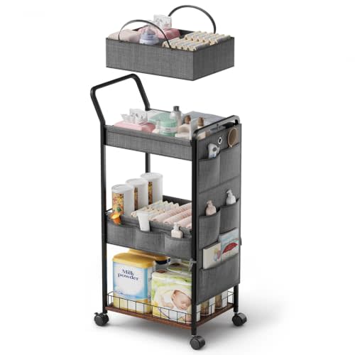 BBLIKE Diaper Caddy Organizer, Baby Cart with Basket and Side Pockets | Removable Basket, Diaper Station, Wood and Metal Frame, Lockable Wheels, Multi-Function Cart for Bedroom and Bathroom, Gray